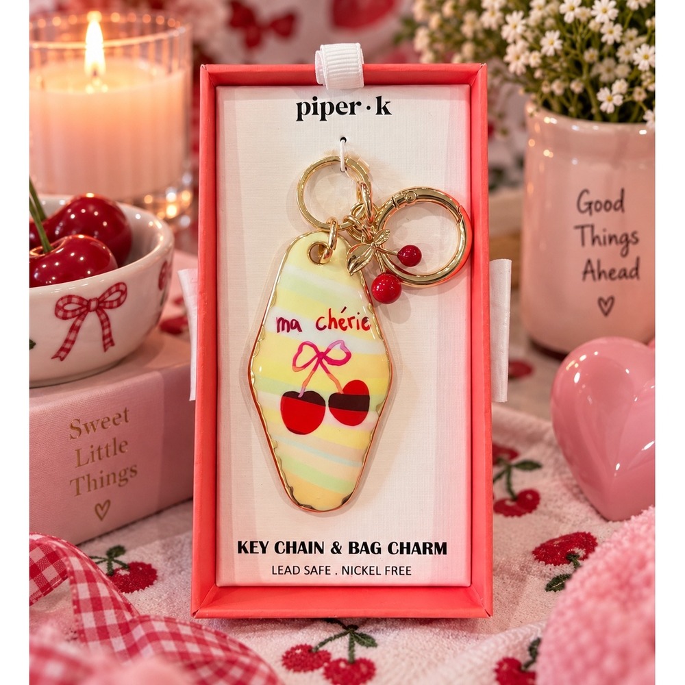 Piper K Ma Cherie Cherry Motel Key Chain Bag Charm Gold Tone Retro Pastel Stripe